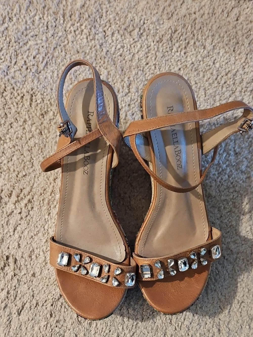 Anthropologie Raphaella Booz Tan Wedge Sandals with Embellishments